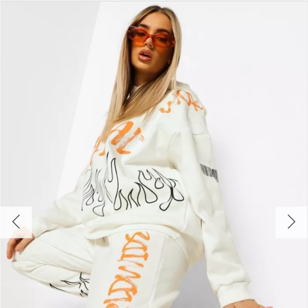 Boohoo Official white orange flames sweatsuit S